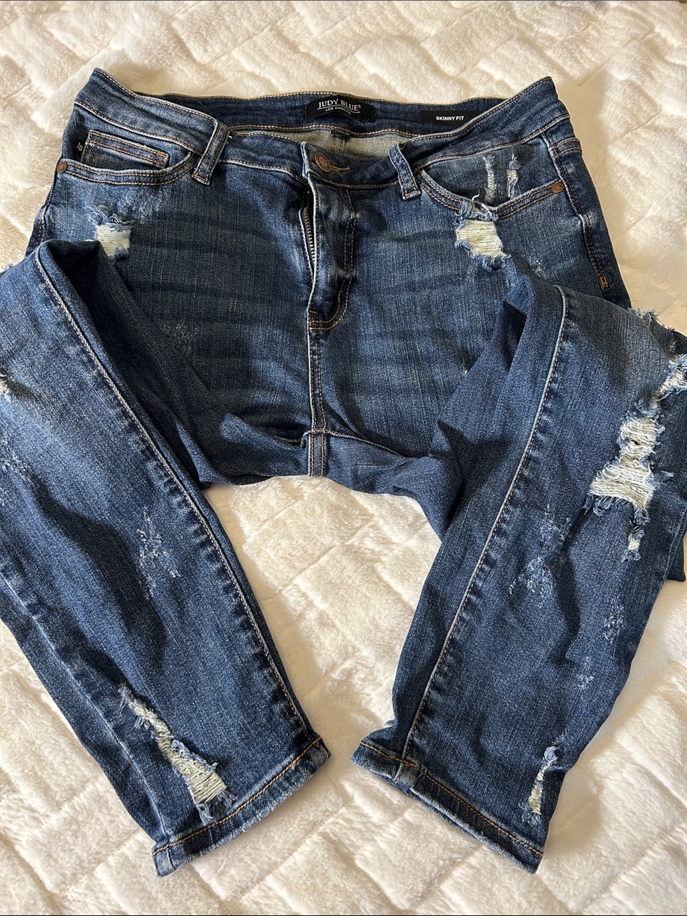 Judy Blue Mid-Dark Blue Distressed Skinny Jeans size 29 - Picture 4 of 6